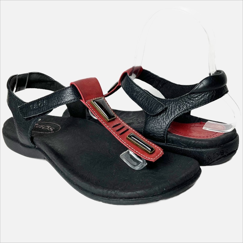 Taos Storyteller black leather sandals 6 red boho thong comfort comfy boho